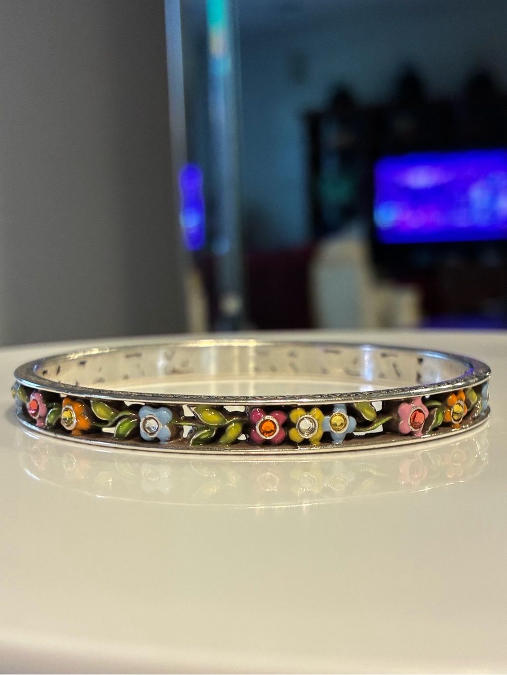 Brighton Silver-Tone Bangle with Multicolor Enamel Flowers